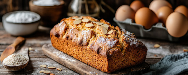 Freshly baked almond bread loaf in rustic kitchen setting, surrounded by eggs and baking ingredients, evokes warm and inviting atmosphere