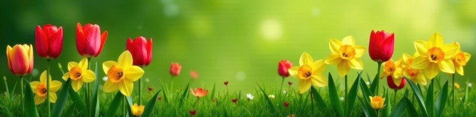 Fototapeta premium Vibrant tulips & daffodils bloom on lush green backdrop, element, view, beautiful