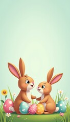 Obraz premium Two Cute Cartoon Easter Bunnies with Decorated Eggs on Green Grass Background