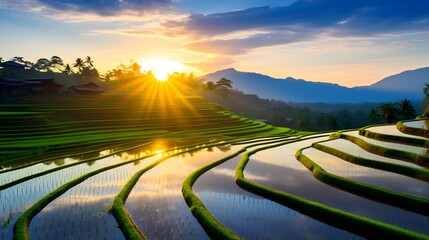Fototapeta premium Breathtaking view of lush green rice terraces reflecting the warm golden hues of a setting sun in a serene picturesque countryside landscape