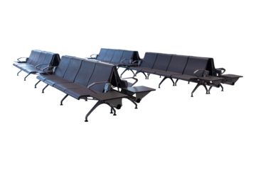 Empty Chairs brown for passengers waiting at airport lounge area station room. Isolated on cut out PNG or transparent background. Modern interior design for tourists to travel around.