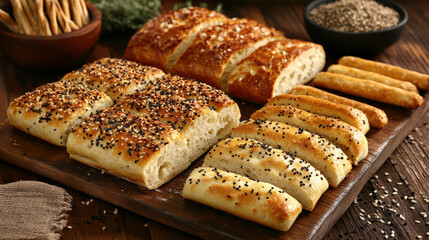 Freshly baked assorted breads, including focaccia and seeded varieties, displayed on wooden board. Perfect for sharing or enjoying with dips