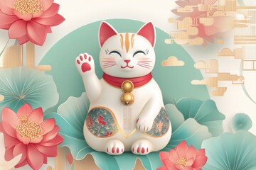Cute Lucky Cat Figurine with Flowers and Abstract Background