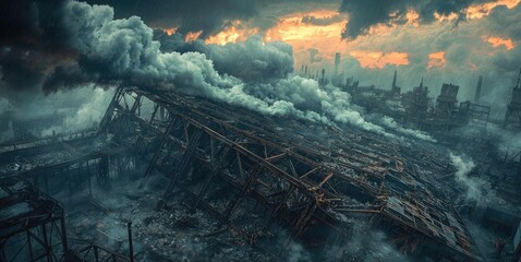 Fototapeta premium Acid rain climate change idea. Dramatic view of a collapsed industrial site under a smoky sunset sky.