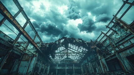 Acid rain climate change idea. Abandoned warehouse interior with dramatic clouded skies above and dilapidated structure.
