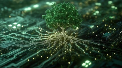 Sustainable Businesses A verdant digital tree, its roots intertwined with a complex network of glowing computer circuits, reaching towards a bright future symbolized by the generative AI that