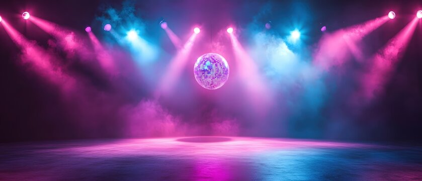 Vibrant Disco Ball Reflecting Light in a Smoky Atmosphere with Pink and Blue Spotlights