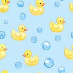 Seamless illustration of watercolor toys. A playful pattern featuring adorable yellow rubber ducks and blue bubbles against a soft blue background, perfect for children's decor or crafts.
