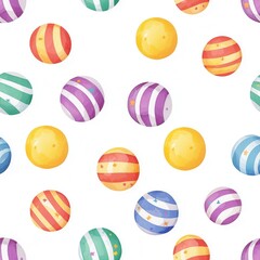 Seamless illustration of watercolor toys. Colorful patterned balls scattered across a white background create a playful and cheerful design.