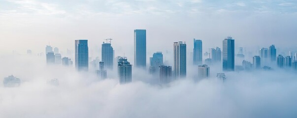 Fototapeta premium Acid rain climate change idea. Aerial view of skyscrapers emerging through a blanket of fog in a modern city skyline.