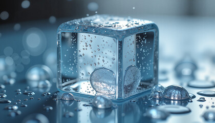 Melting ice cube with trapped bubbles on glass surface, transient beauty