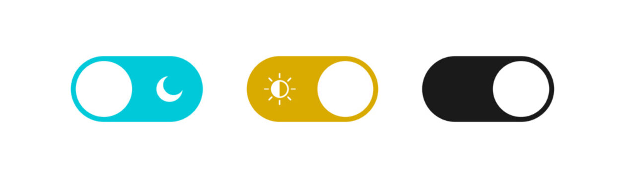 On Off toggle switch buttons. day night switch toggle - dark mode, light mode switch button - sun and moon icons