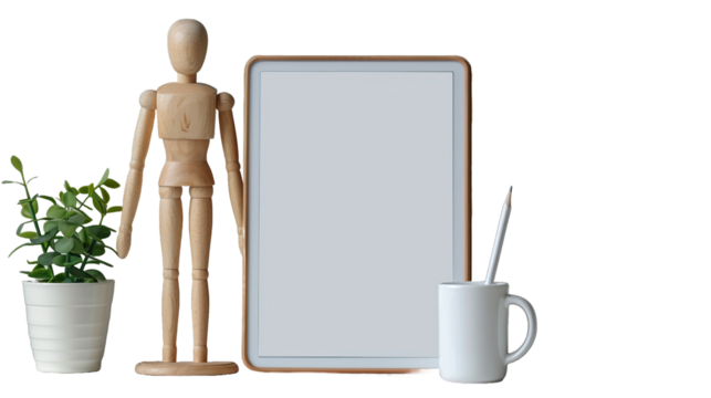 wooden mannequin holding a blank clipboard - Powered by Adobe