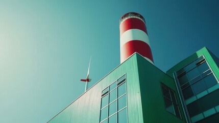 Obraz premium Sustainable Businesses A vibrant green power station, its solar panels and wind turbines harnessing the sun is and wind is gentle energy, against a pristine blue sky, a testament to clean,