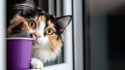Tricolor Cat Looking Through Window Beside a Purple Cup with Bright Eyes