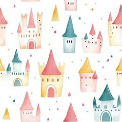 Seamless illustration of watercolor toys. A whimsical pattern featuring colorful, pastel castles with varying shapes and sizes against a white background.