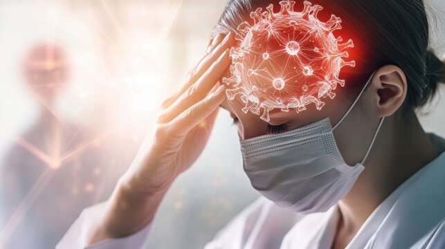 Woman in Mask with Headache and Covid-19 Virus Representation