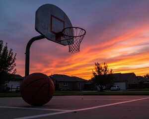 A basketball sits on the ground in front of a sunset.