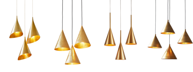 Set of three golden pendant lights in a triangular arrangement, isolated on a transparent background.