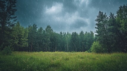 Fototapeta premium Serene Rainfall Over Lush Green Field in Dense Forest Scene