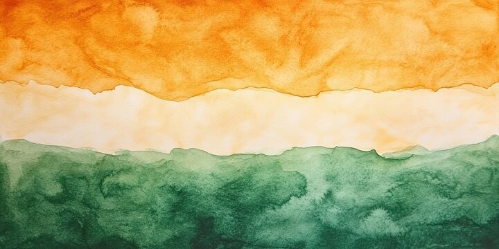 Abstract watercolor tricolor background design. Green and orange with white create a vibrant texture. Modern and artistic, this pattern evokes cultural patriotic themes, perfect for contemporary art