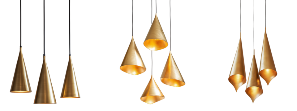 Set of three golden pendant lights in a triangular arrangement, isolated on a transparent background.