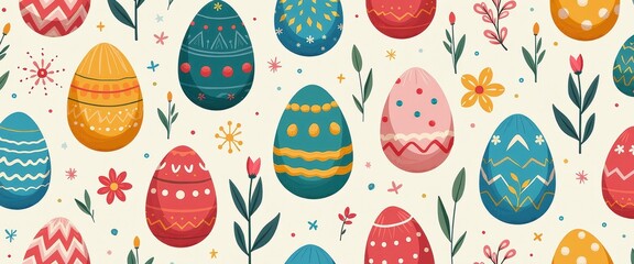 Colorful Easter Eggs and Floral Elements Seamless Pattern Background