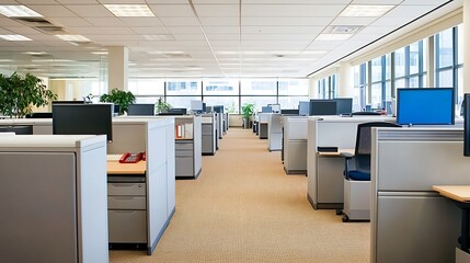 Modern Empty Office Workspace With Cubicles and Computers