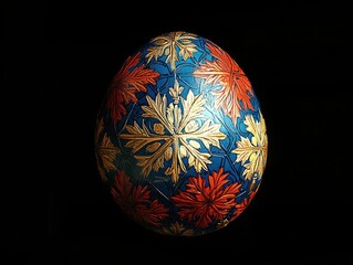 Russian-style Easter egg with intricate golden floral patterns on deep blue and red, black background.