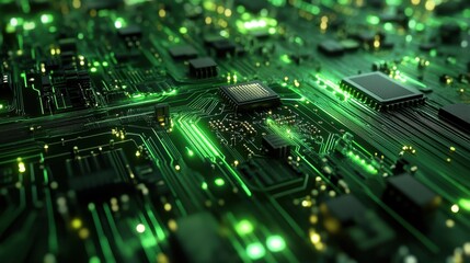 Obraz premium Sustainable Businesses A verdant circuit board, etched with intricate pathways, pulsated with an ethereal glow, hinting at the hidden power that lay within.