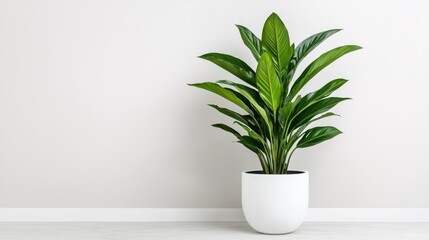 Fototapeta premium Green peace lily houseplant in a white ceramic pot standing against a minimalist grey wall in a bright room.