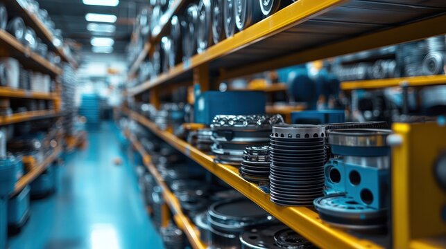 Industrial parts warehouse storage inventory aisle