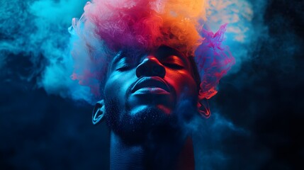 A man with smoke coming out of his head and eyes closed, portrait photography, colorful explosion in the background, dark blue background