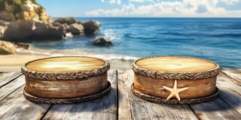 Fototapeta premium Scenic coastal landscape with wooden details. Ocean view on the serene shore. Summer vacation setting, showcasing a relaxing environment. Perfect for travel and holiday projects, depicting the