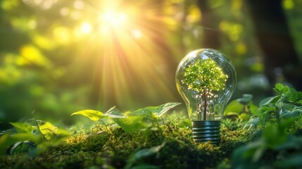 Sustainable Businesses A verdant forest backdrop illuminates a light bulb filled with tiny, glistening tree seeds, symbolizing the transformative power of eco-technology, green business, innovation
