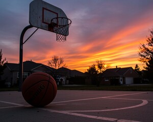 A basketball sits on the ground in front of a sunset.