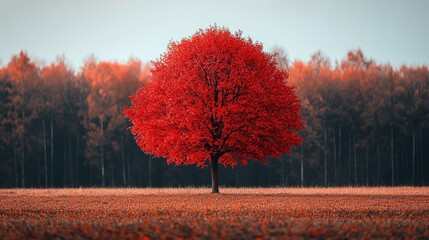 Autumnal Red Tree Meadow Landscape