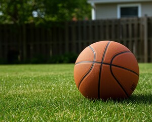 A basketball sits on the ground in front of a sunset.