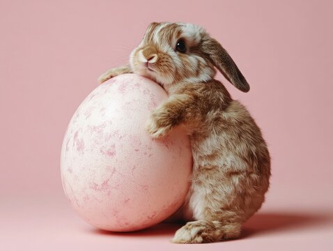 Brown and white lop-eared rabbit hugging a large pastel pink Easter egg, soft pink background.