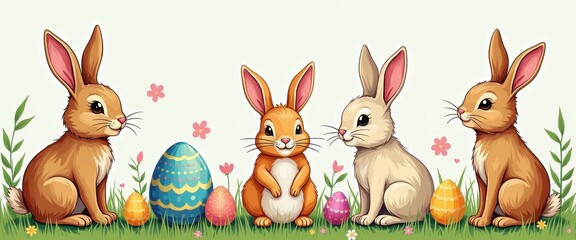 Fototapeta premium Cute Cartoon Easter Bunnies and Decorated Eggs on Green Grass