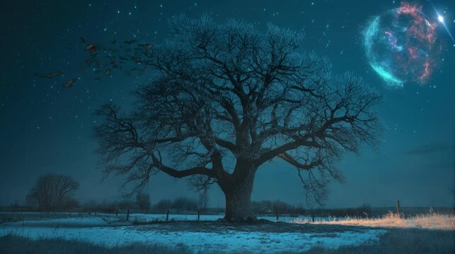 a big tree surrounded by bats at night is very beautiful. seamless looping time-lapse virtual 4k video Animation Background.