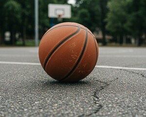 A basketball sits on the ground in front of a sunset.