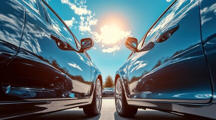 Obraz premium A close-up of two parked cars side by side, their shiny exteriors reflecting the bright sky above