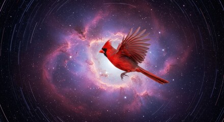 Obraz premium Vibrant male cardinal bird soaring through a cosmic nebula, symbolizing freedom and exploration in space