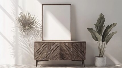 Sunlight illuminates blank poster on wooden sideboard in minimalist room