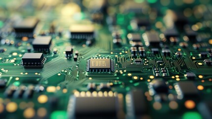 Sustainable Businesses A microscopic close-up of a green circuit board, where individual components, like miniature jewels, shimmer under a selective spotlight, revealing the intricate workings of