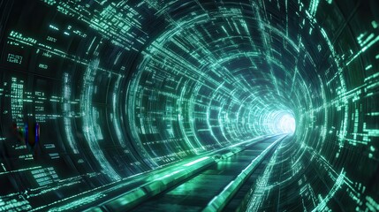 Obraz premium Sustainable Businesses A mesmerizing tunnel of glowing green technology, a portal to a futuristic realm where data flows and innovation thrives.