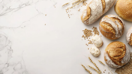 Obraz premium Freshly baked breads arranged on marble surface with grains and wheat. warm textures and colors create cozy atmosphere, perfect for bakery or kitchen setting