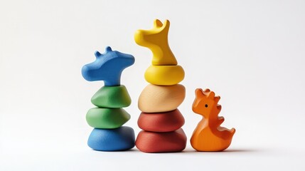 Colorful wooden stacking toy in the shape of animals on pure white background