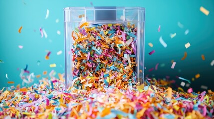 Fototapeta premium Colorful shredded paper overflowing container, confetti background, office